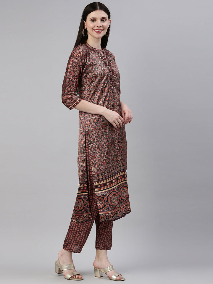 Neerus Brown silk printed kurta set A-line - detail view 1