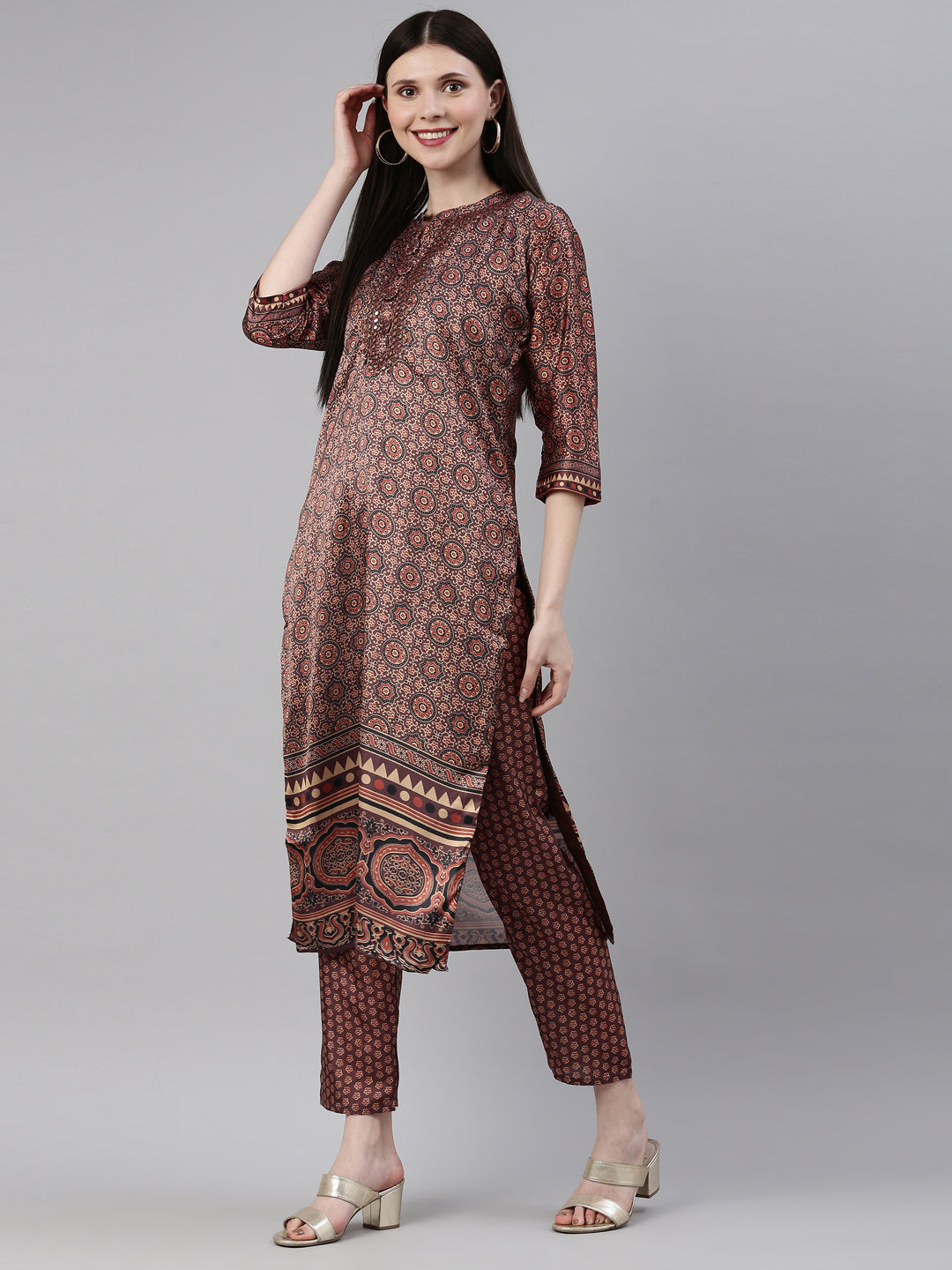 Neerus Brown silk printed kurta set A-line - detail view 3