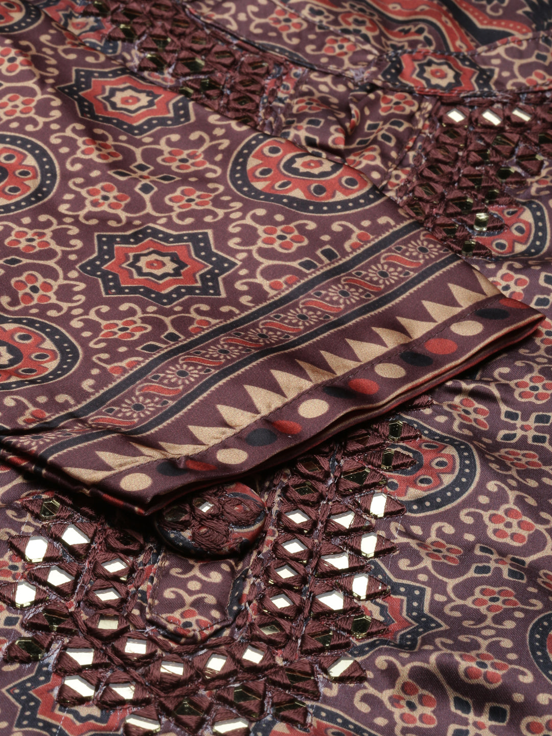 Neerus Brown silk printed kurta set A-line - detail view 4