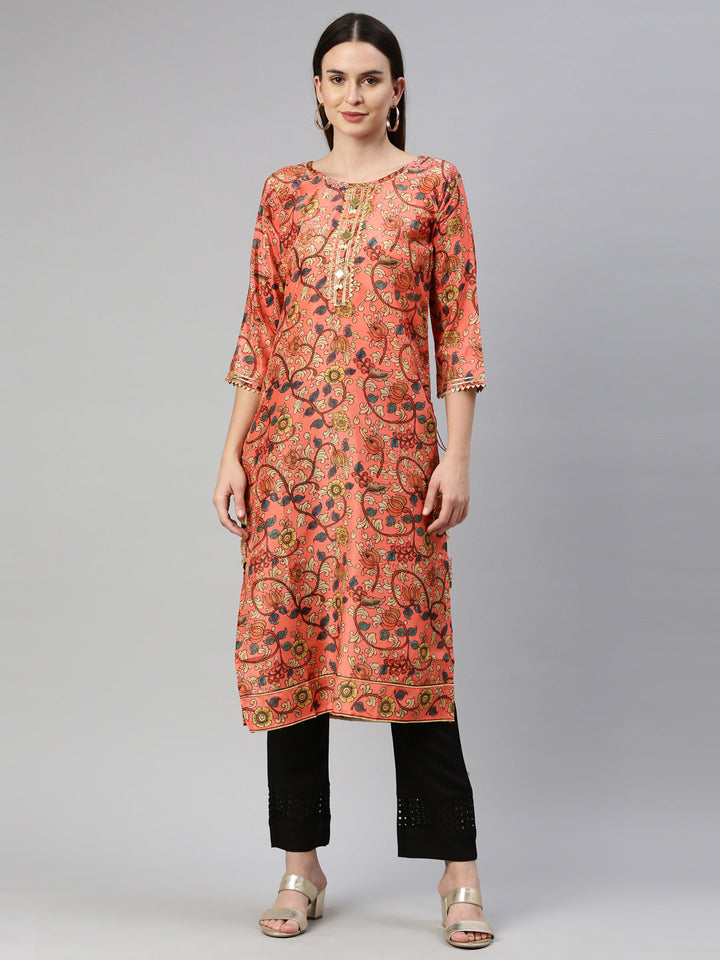 Neerus Orange raw silk printed kurti straight silhouette - front view