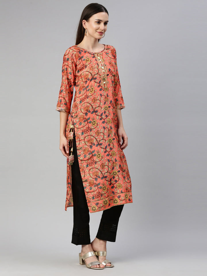 Neerus Orange raw silk printed kurti straight silhouette - detail view 1