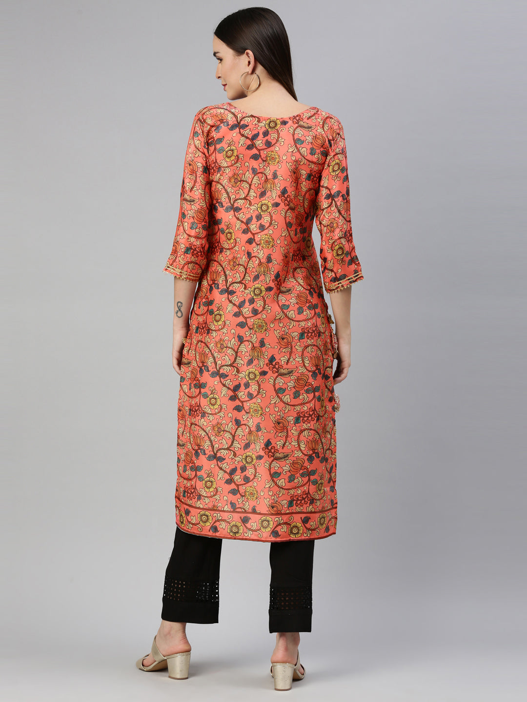 Neerus Orange raw silk printed kurti straight silhouette - detail view 2
