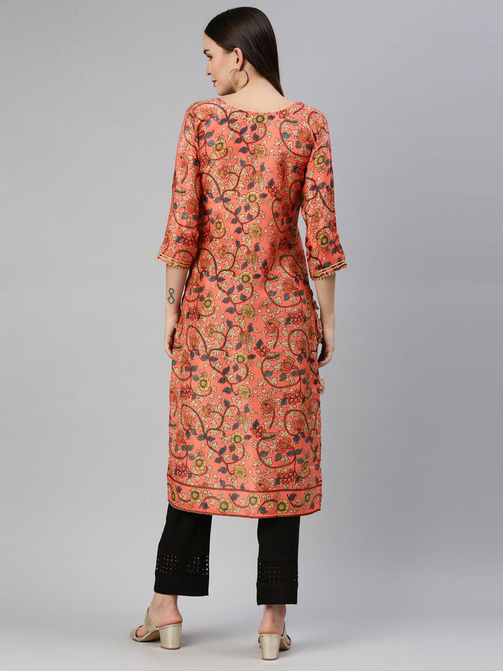 Neerus Orange raw silk printed kurti straight silhouette - detail view 2