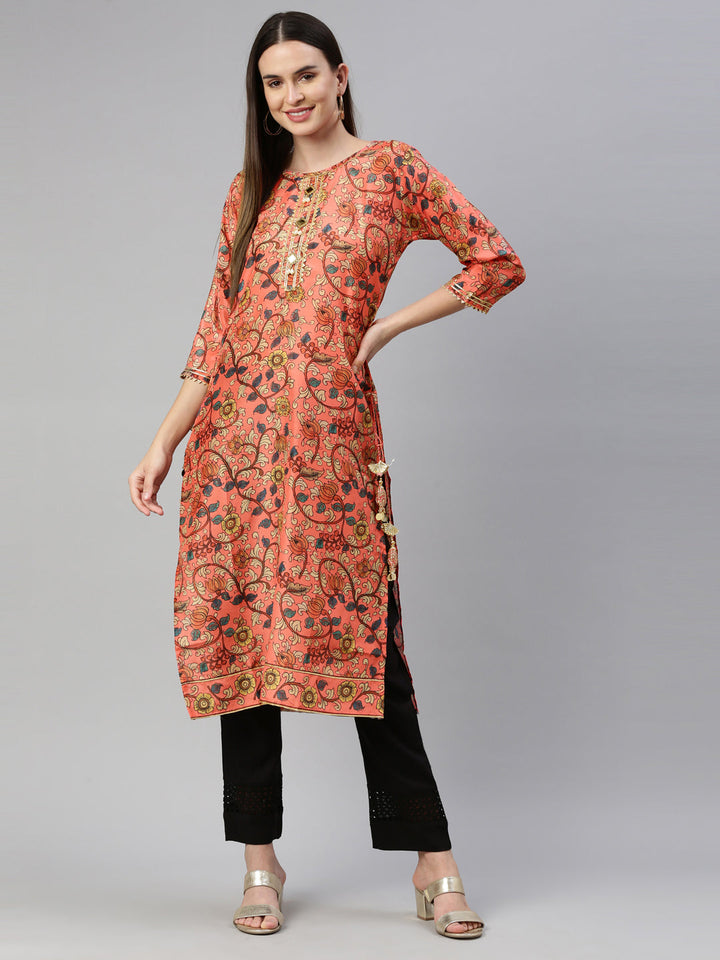 Neerus Orange raw silk printed kurti straight silhouette - detail view 3
