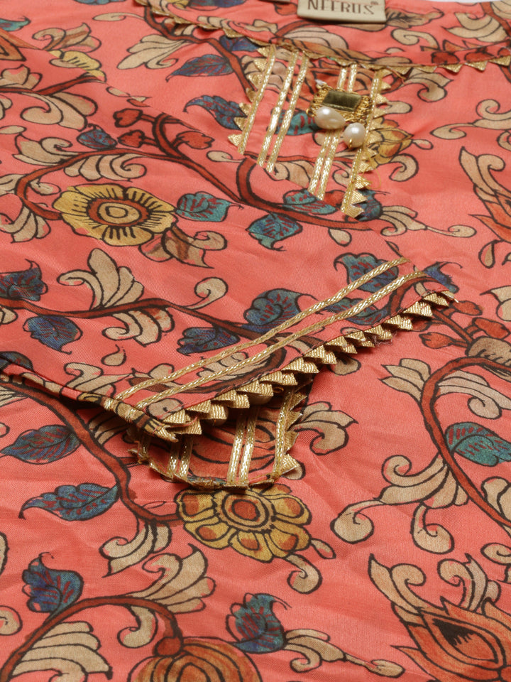 Neerus Orange raw silk printed kurti straight silhouette - detail view 4