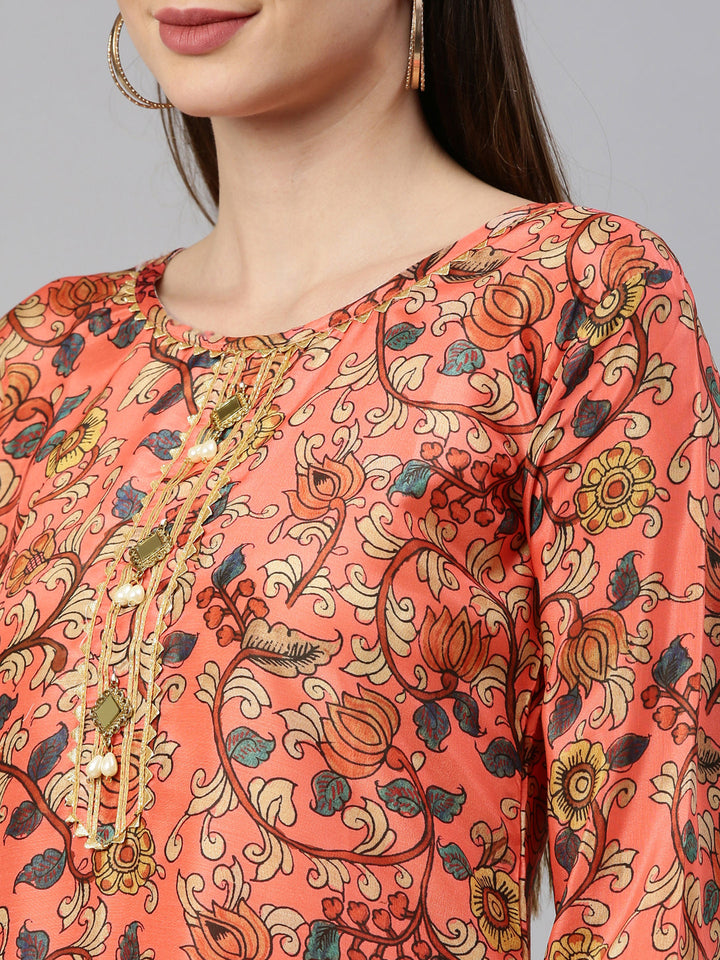 Neerus Orange raw silk printed kurti straight silhouette - detail view 5
