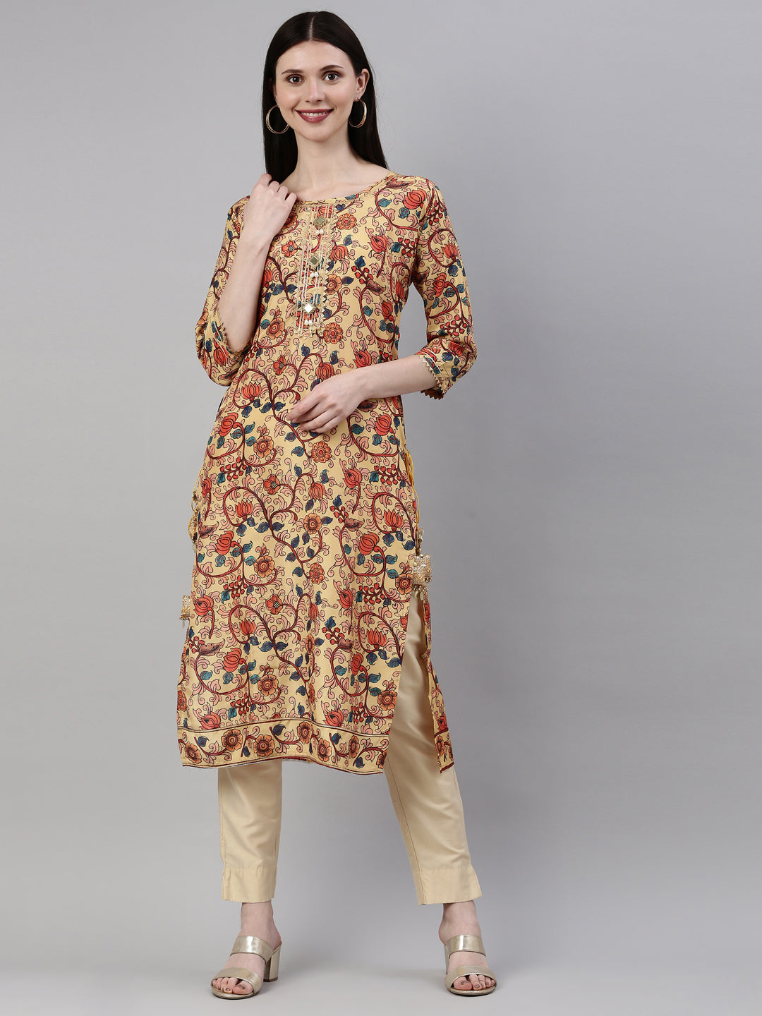 Neerus Yellow silk printed kurti straight silhouette - detail view 6
