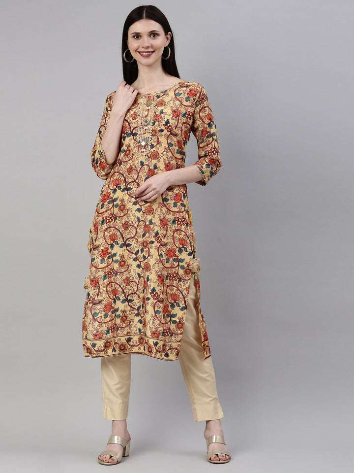 Neerus Yellow silk printed kurti straight silhouette - detail view 6