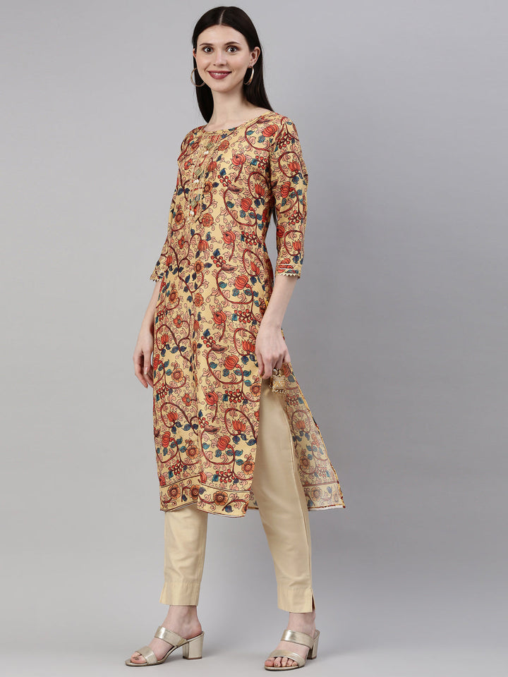 Neerus Yellow silk printed kurti straight silhouette - side view