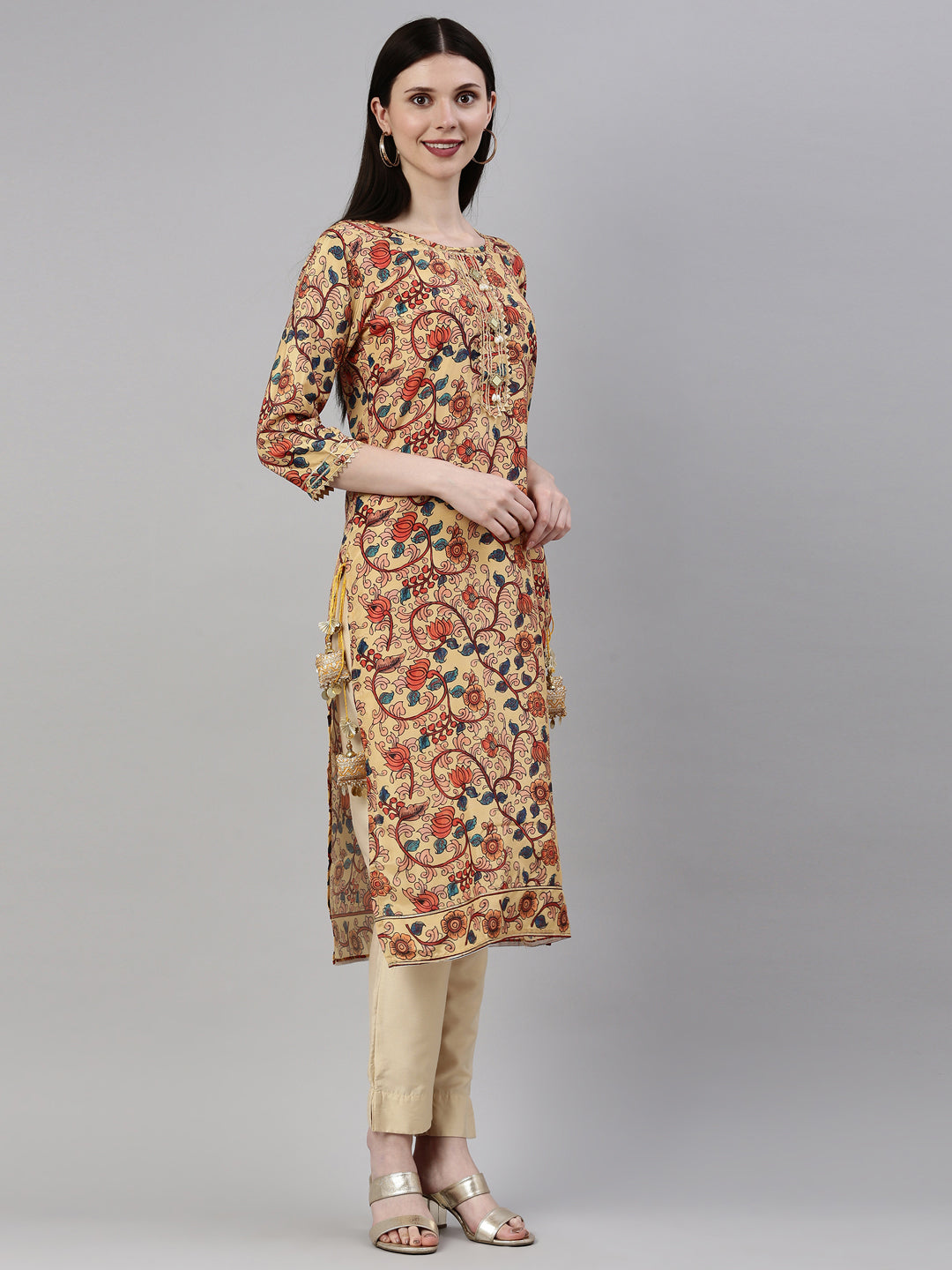 Neerus Yellow silk printed kurti straight silhouette - detail view 1