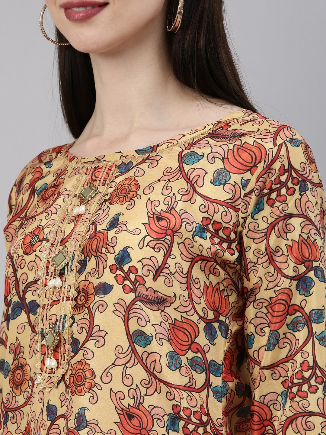 Neerus Yellow silk printed kurti straight silhouette - detail view 5