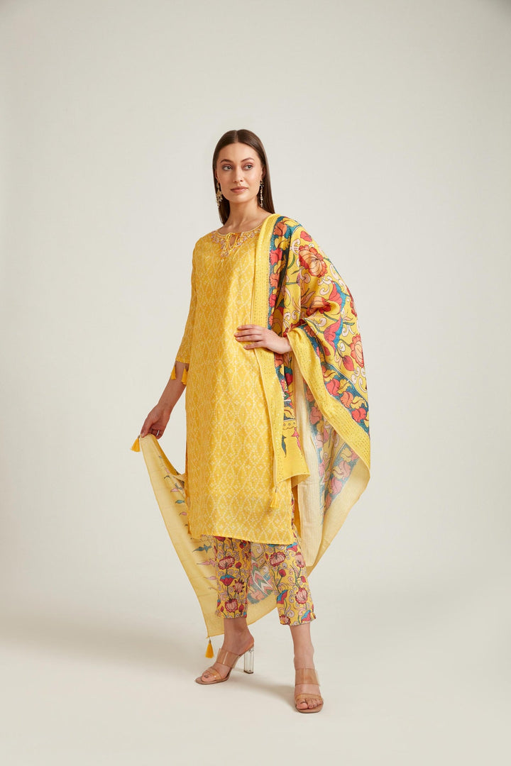 Neerus Yellow viscose rayon printed kurta set - front view