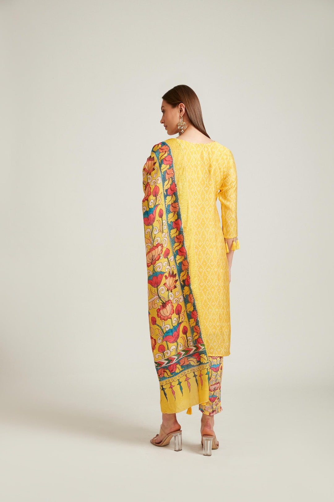 Neerus Yellow viscose rayon printed kurta set - back view