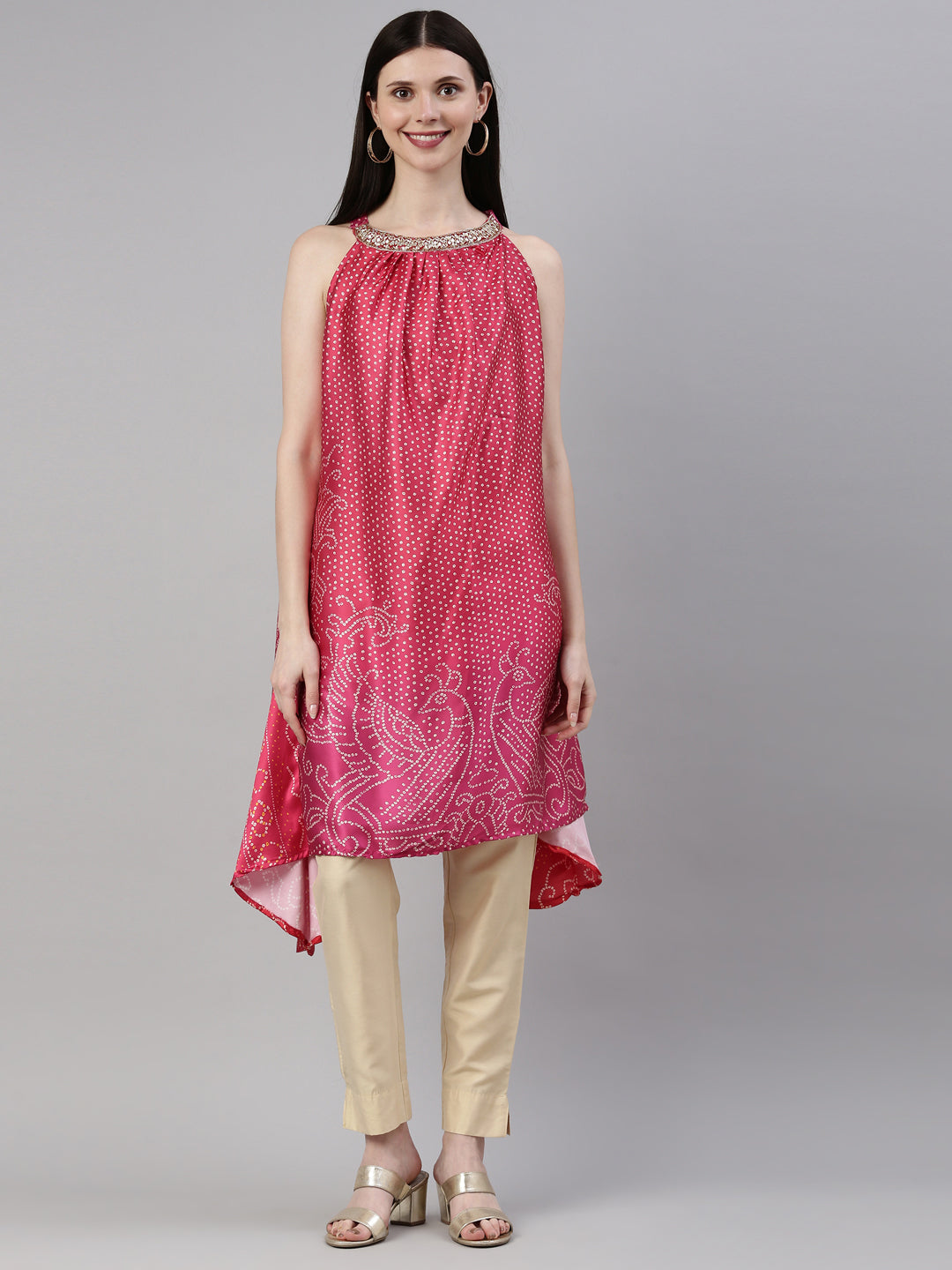 Neerus Pink satin printed A-line kurti halter neck - detail view 5