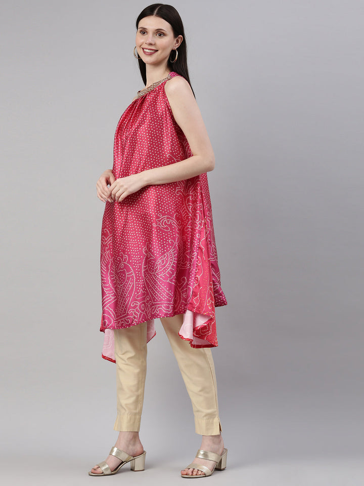 Neerus Pink satin printed A-line kurti halter neck - side view