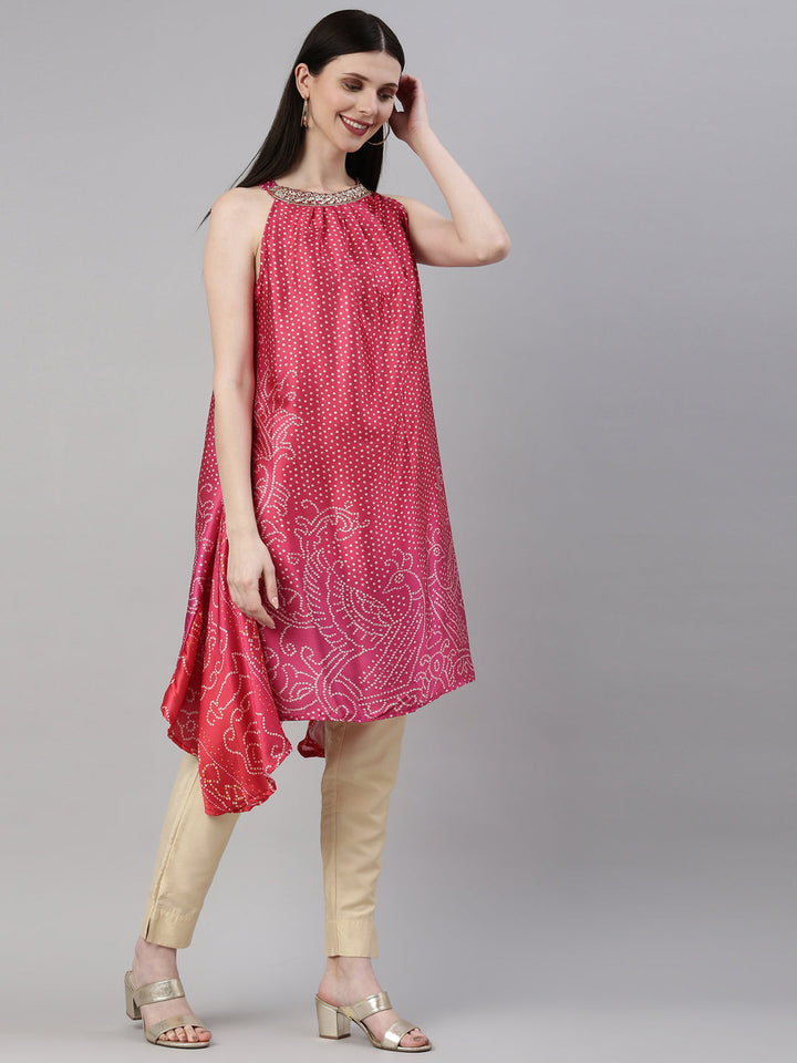 Neerus Pink satin printed A-line kurti halter neck - detail view 1