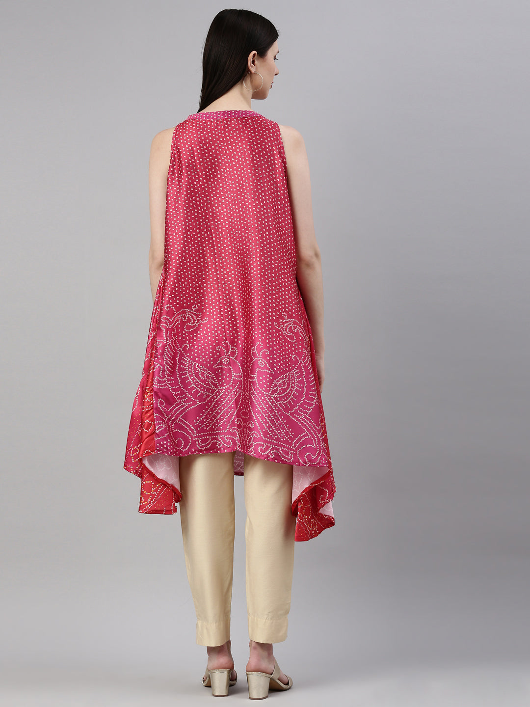 Neerus Pink satin printed A-line kurti halter neck - detail view 2