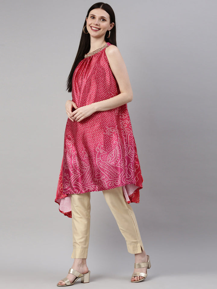 Neerus Pink satin printed A-line kurti halter neck - detail view 3