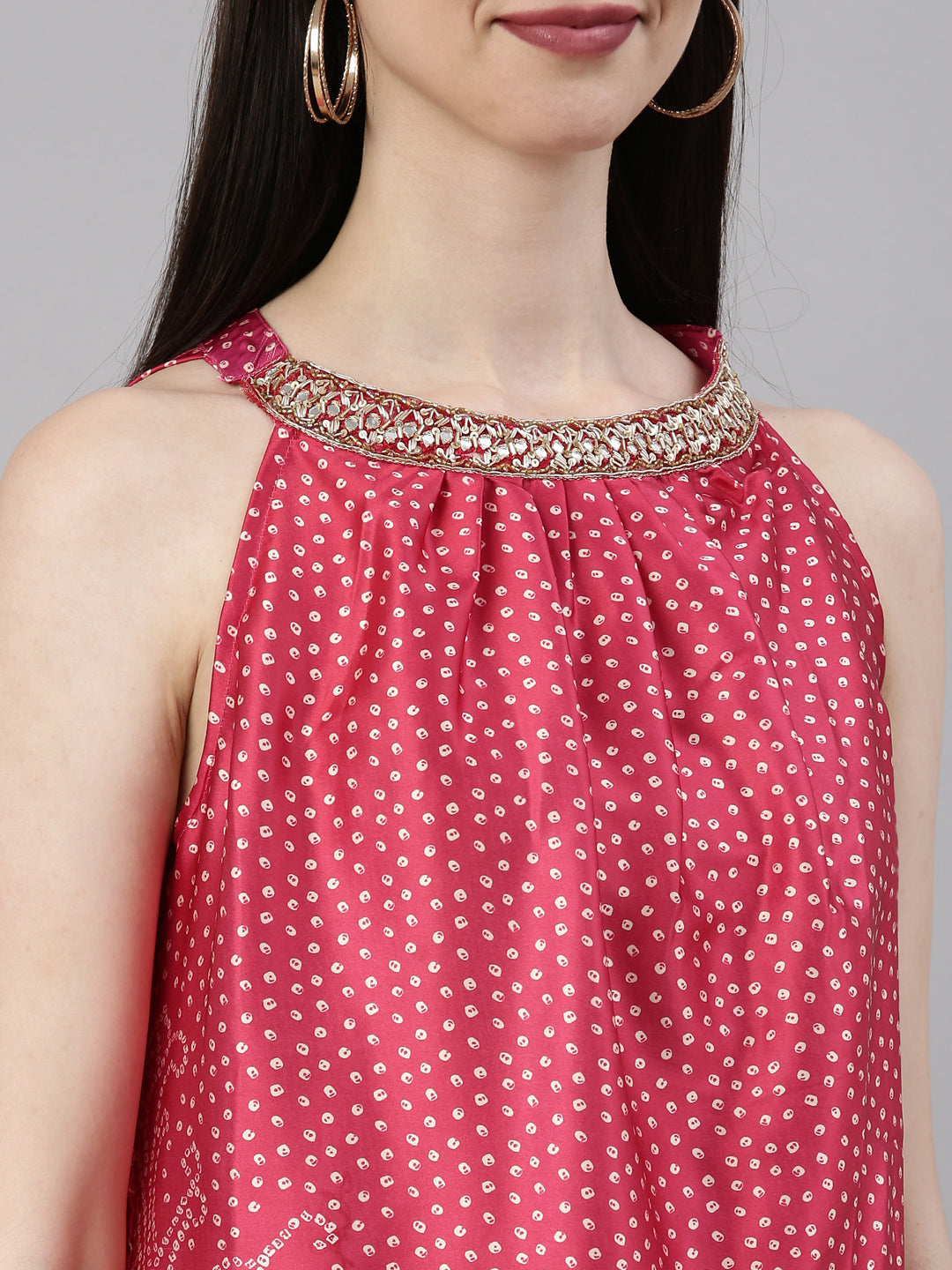 Neerus Pink satin printed A-line kurti halter neck - detail view 4
