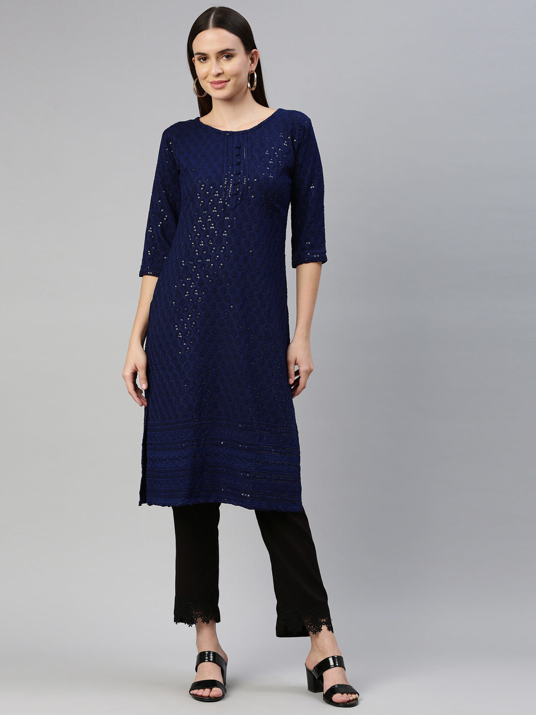 Neerus Blue cotton chikankari kurti - detail view 6