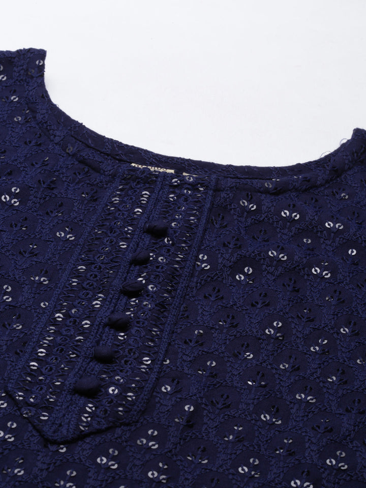 Neerus Blue cotton chikankari kurti - back view