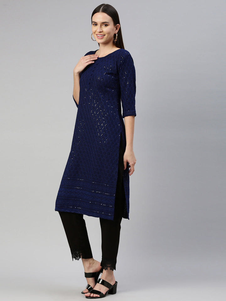 Neerus Blue cotton chikankari kurti - side view