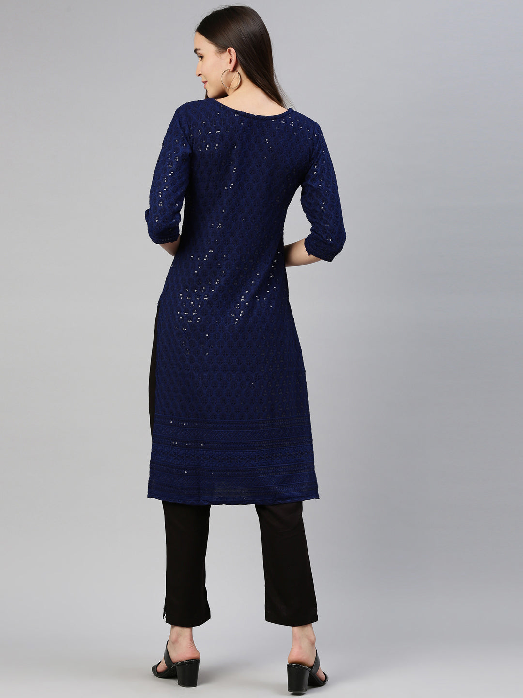 Neerus Blue cotton chikankari kurti - detail view 2