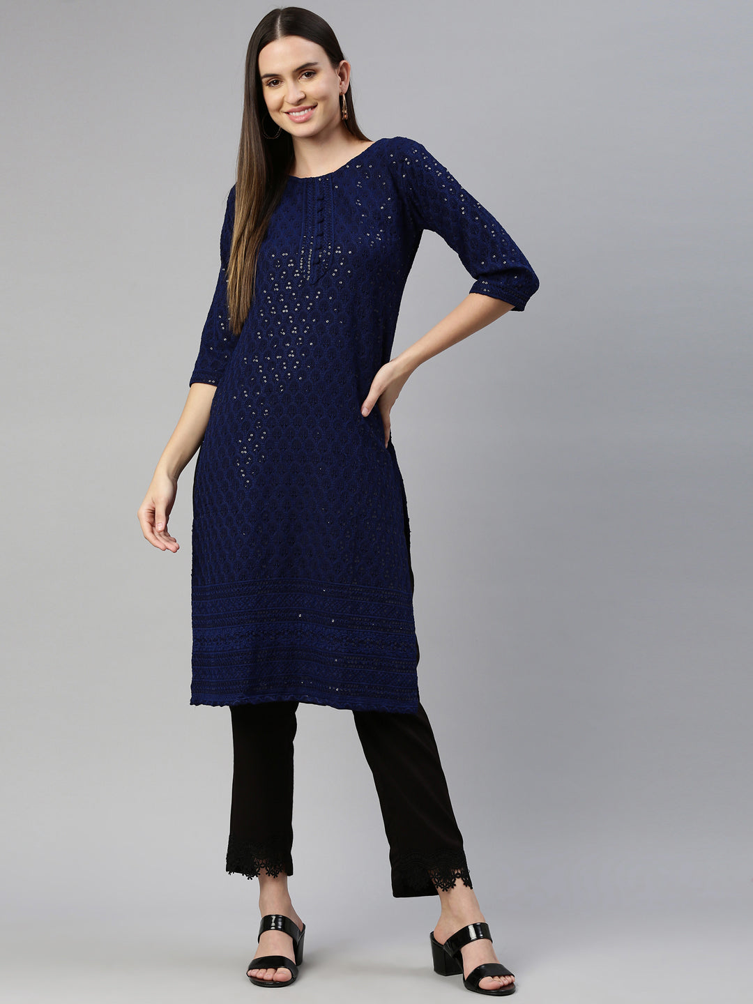 Neerus Blue cotton chikankari kurti - detail view 3