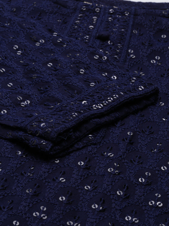 Neerus Blue cotton chikankari kurti - detail view 4