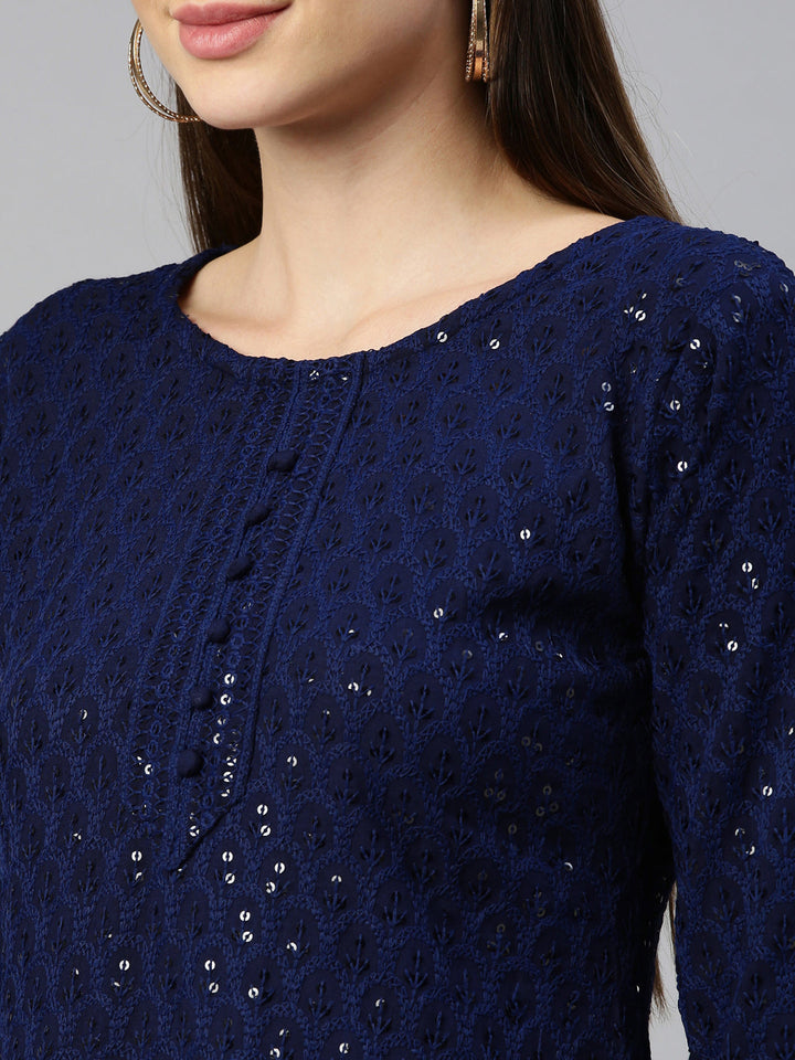 Neerus Blue cotton chikankari kurti - detail view 5