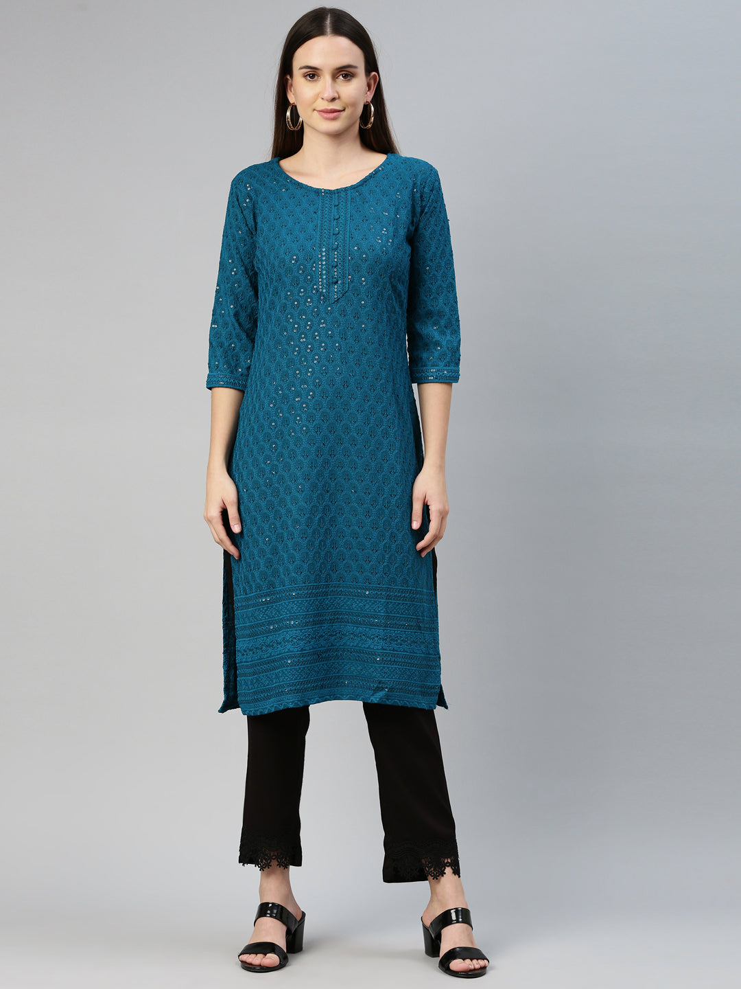 Neerus Green cotton chikankari kurti - detail view 6