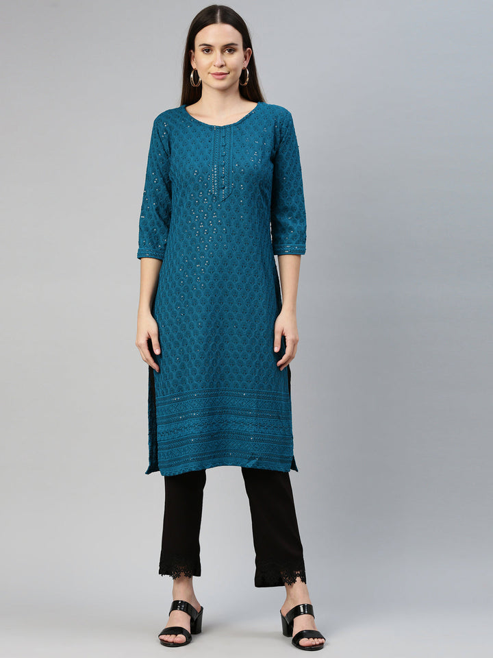 Neerus Green cotton chikankari kurti - detail view 6