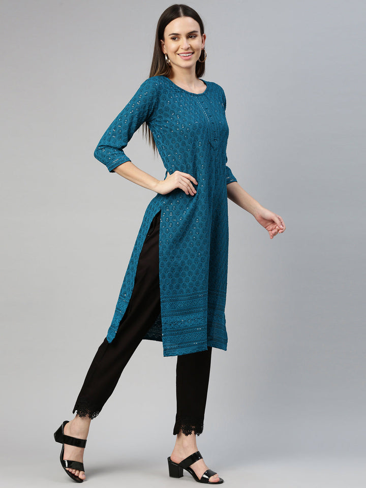 Neerus Green cotton chikankari kurti - detail view 1