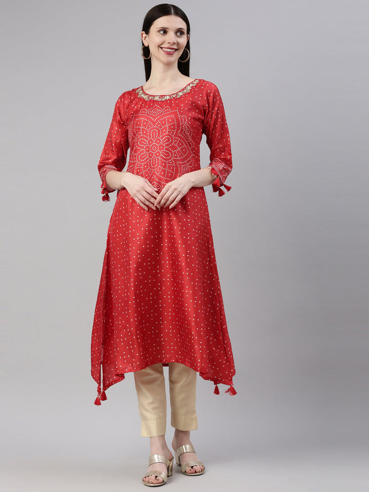 Neerus Red silk straight kurti for women - detail view 6