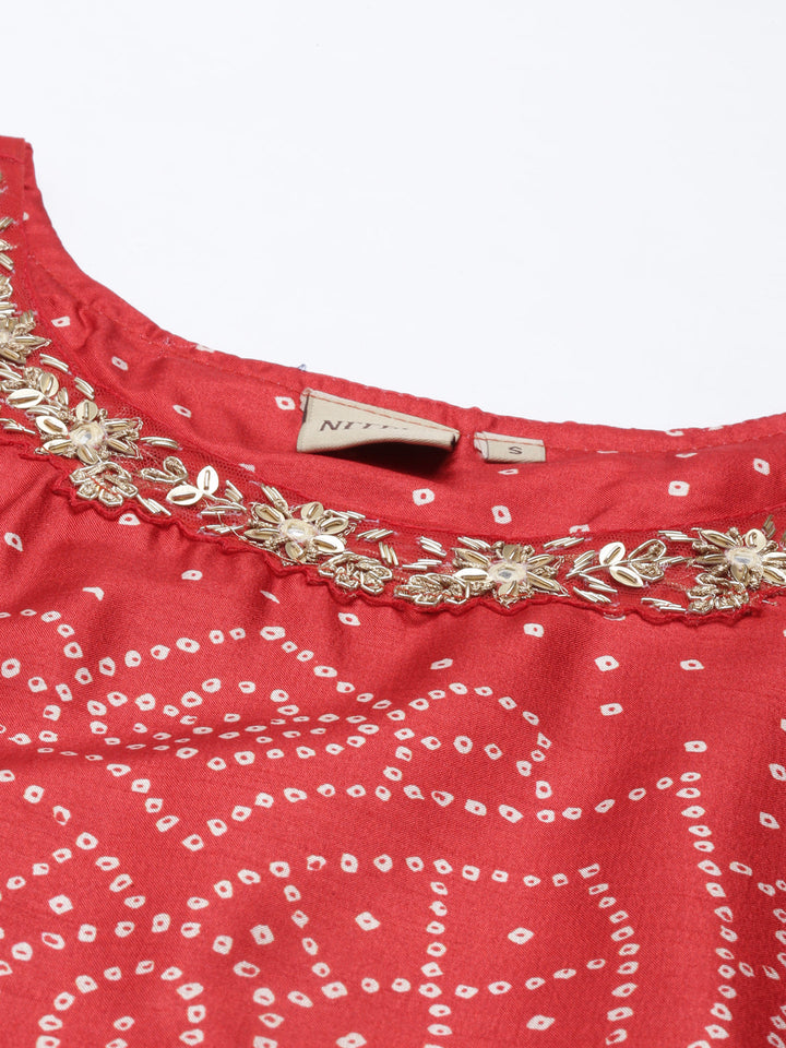 Neerus Red silk straight kurti for women - back view