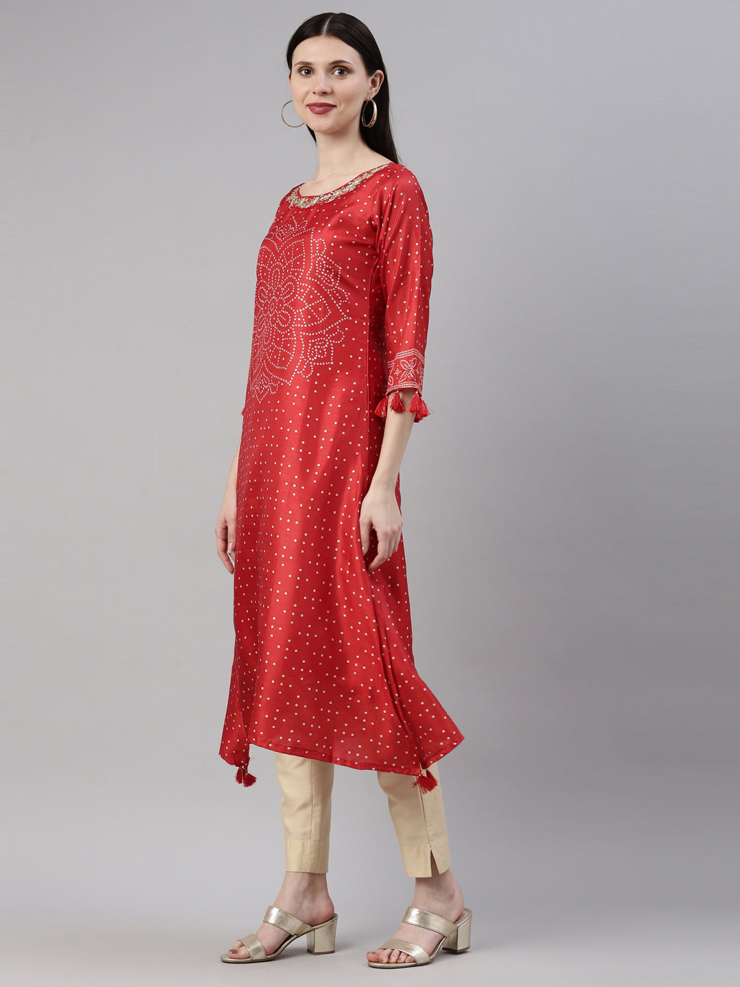 Neerus Red silk straight kurti for women - side view