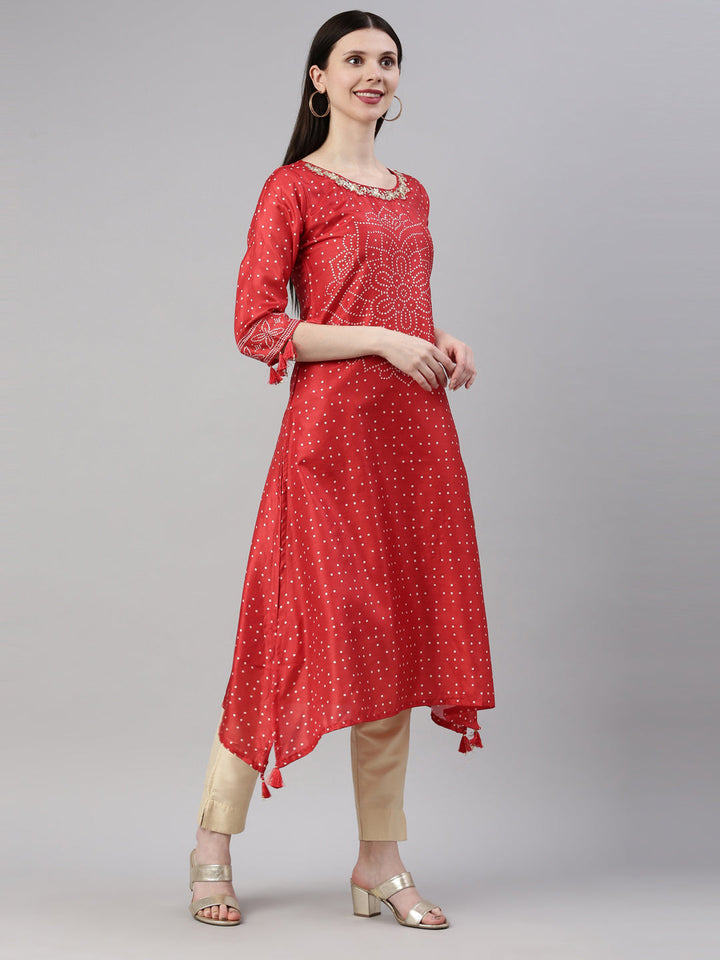Neerus Red silk straight kurti for women - detail view 1