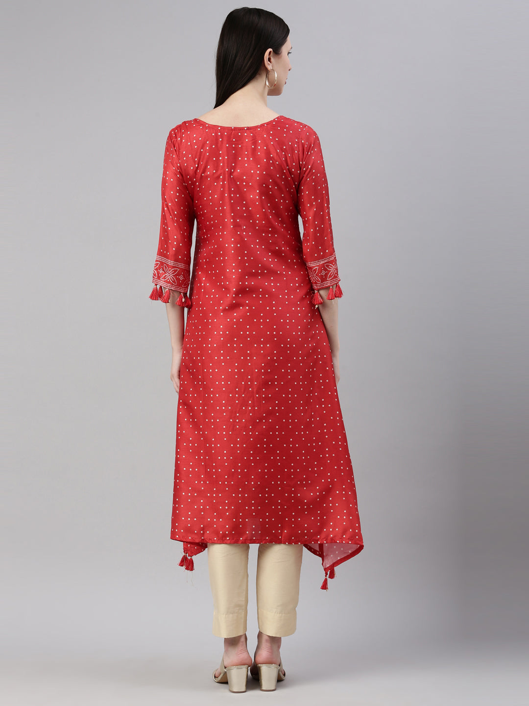 Neerus Red silk straight kurti for women - detail view 2