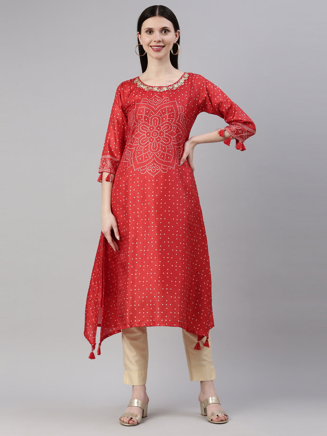Neerus Red silk straight kurti for women - detail view 3