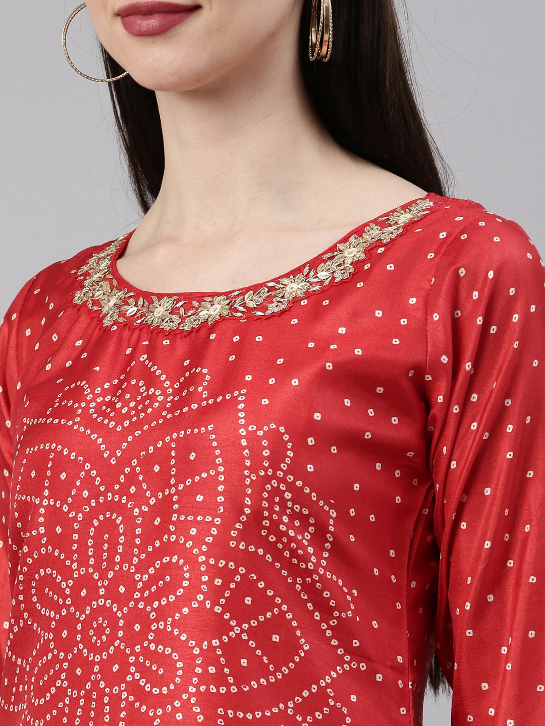 Neerus Red silk straight kurti for women - detail view 5