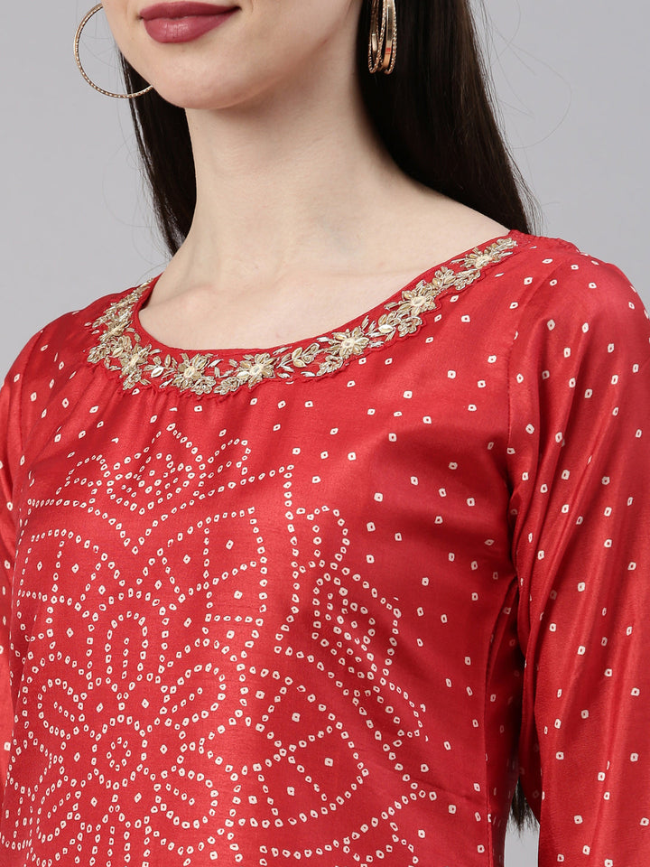 Neerus Red silk straight kurti for women - detail view 5