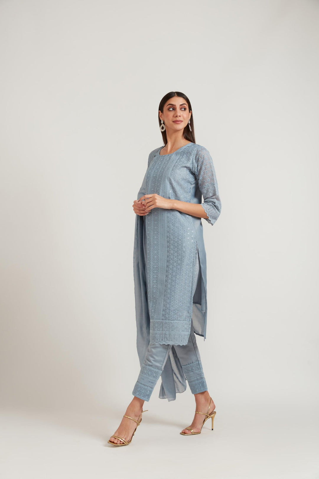 Neerus Grey Chanderi printed suit set - detail view 1