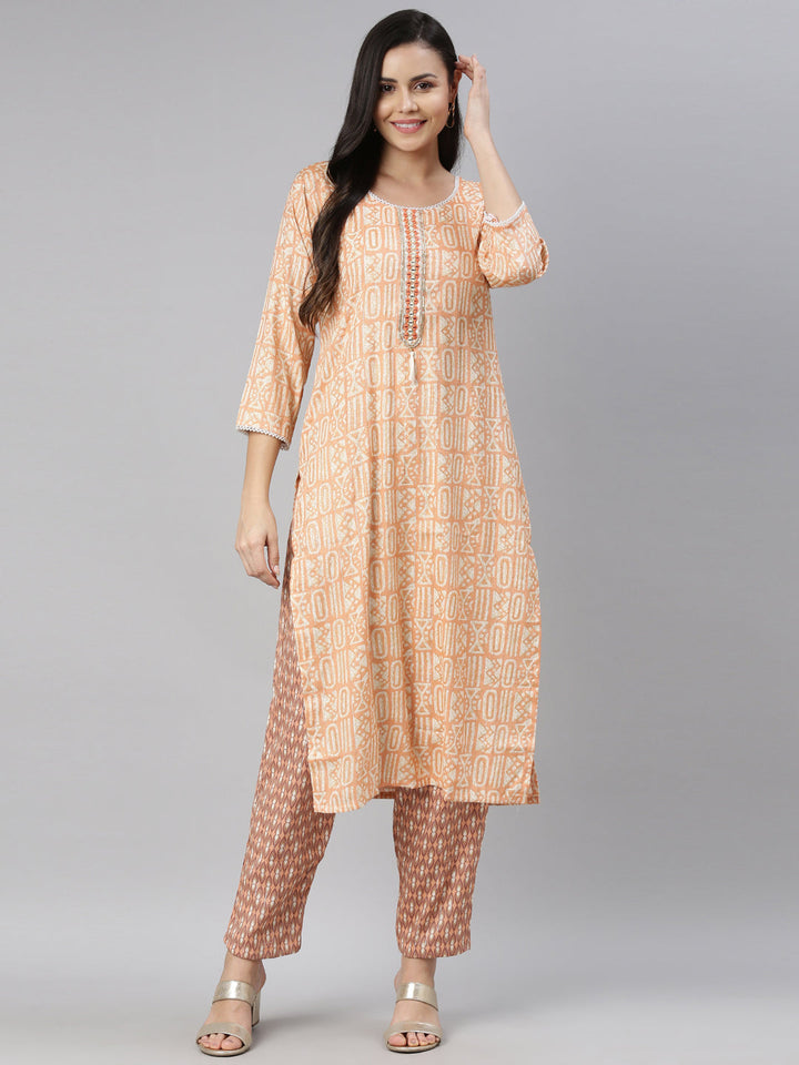 Neerus Orange rayon solid kurti - detail view 3