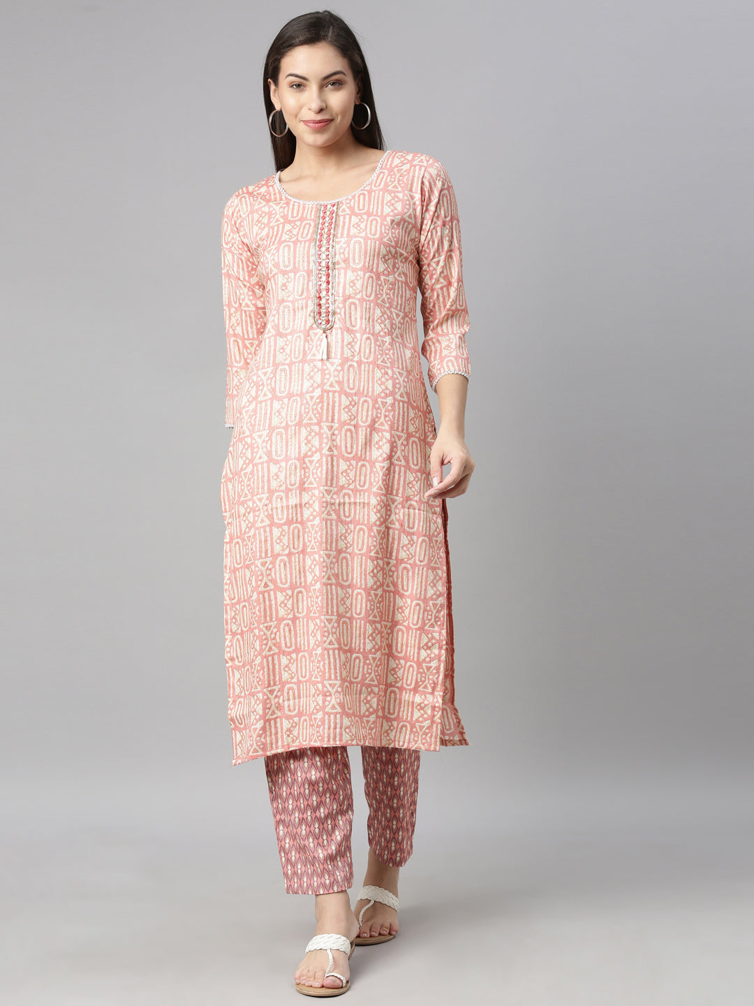 Neerus Pink rayon printed kurti - front view