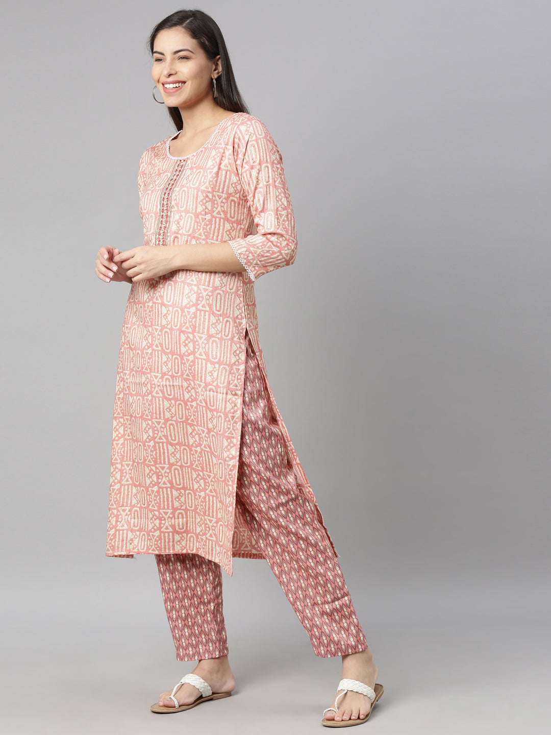 Neerus Pink rayon printed kurti - side view