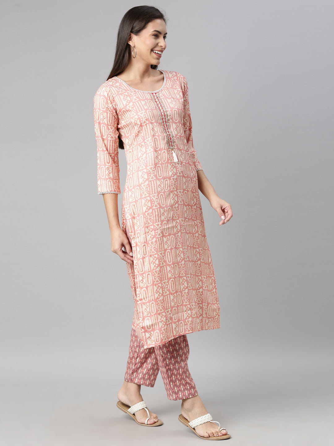 Neerus Pink rayon printed kurti - detail view 1