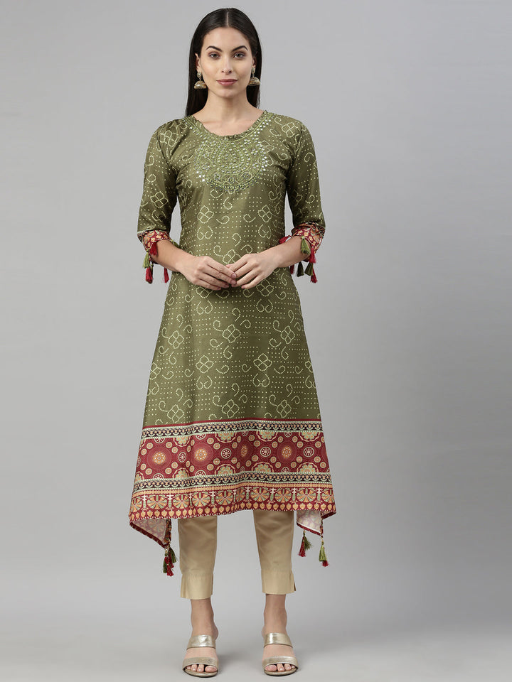 Neerus Green cotton printed anarkali kurta - front view