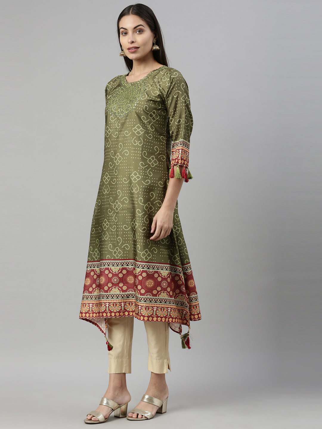 Neerus Green cotton printed anarkali kurta - side view
