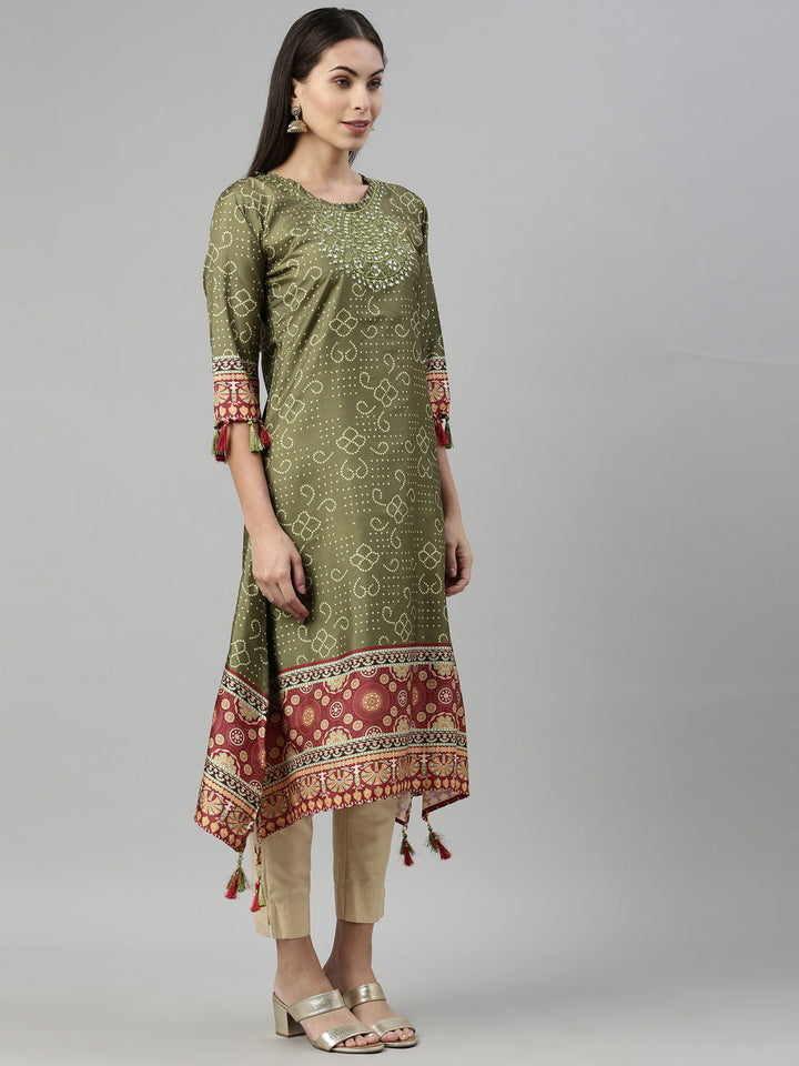 Neerus Green cotton printed anarkali kurta - detail view 1