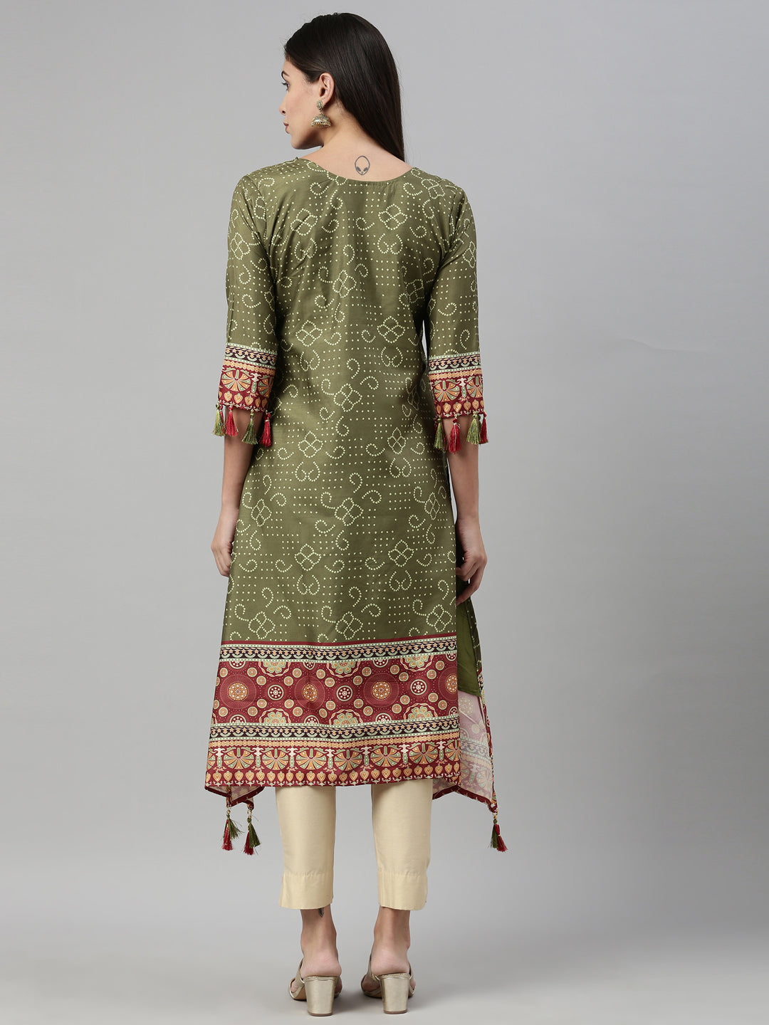 Neerus Green cotton printed anarkali kurta - detail view 2